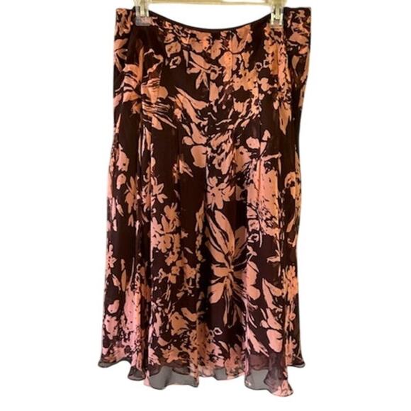 100% Silk Floral A-Line Skirt - Brown & Coral - Size 12 - Picture 4 of 5